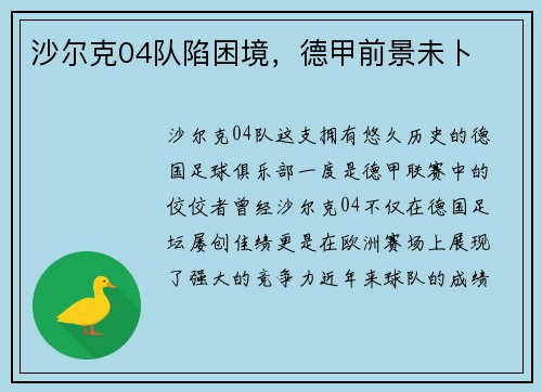 沙尔克04队陷困境，德甲前景未卜